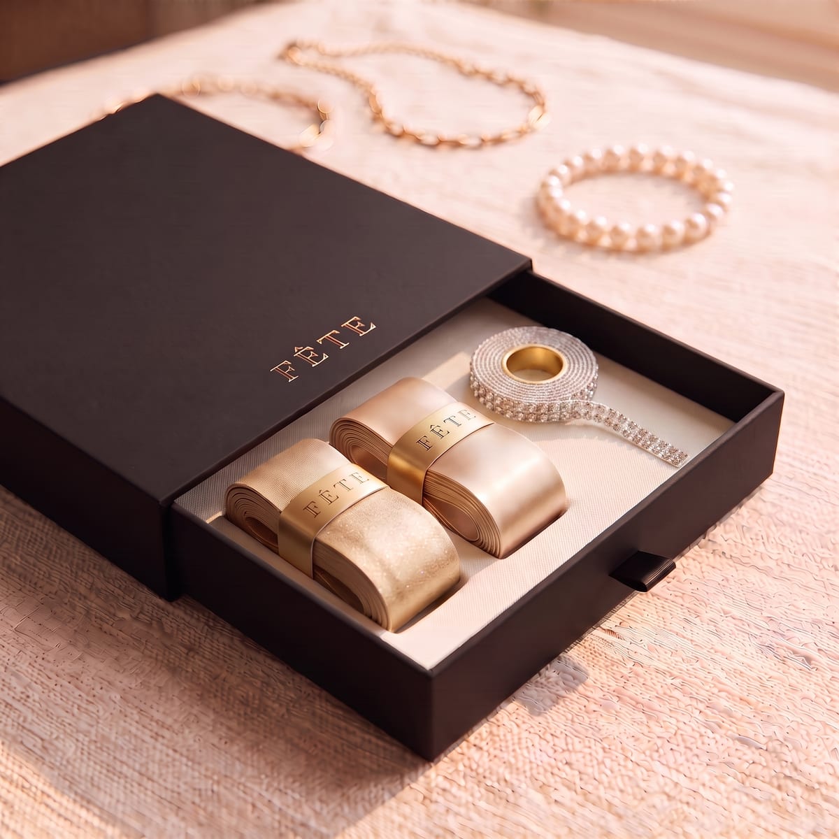 Soft-focus preview of the FÊTE Court Queen gift box